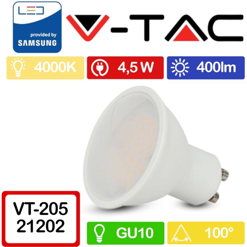 foto del prodotto v tac lampada led gu10 5w 220v 110 gradi bianco neutro 4000k diffusore opale chip smd samsung garanzia 5 anni sku 21202