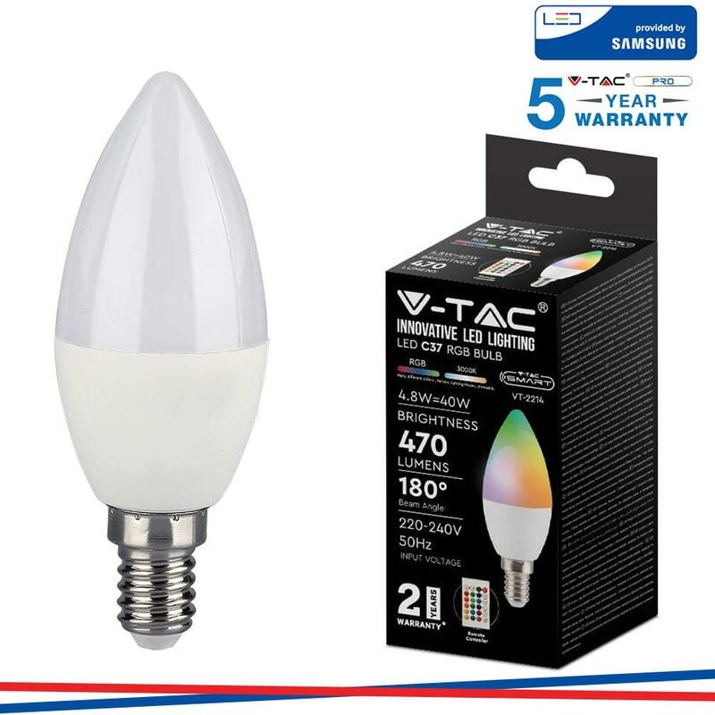foto del prodotto v tac lampadina led e14 4,8w candela rf controller con telecomando 24 tasti rgb 4000k dimmerabile