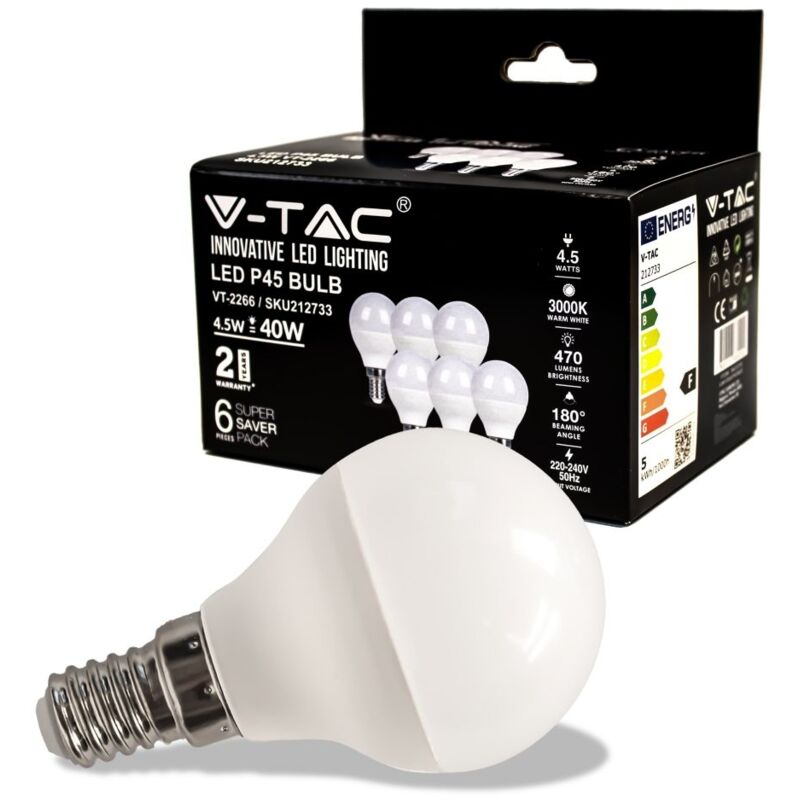 foto del prodotto v tac lampadina led e14 da 4,5w p45 bianco caldo box 6 pezzi 
