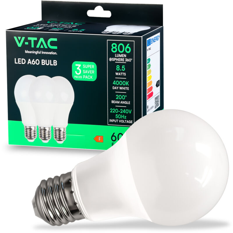 foto del prodotto v tac lampadina led e27 8,5w a60 bianco naturale box 3 pezzi 