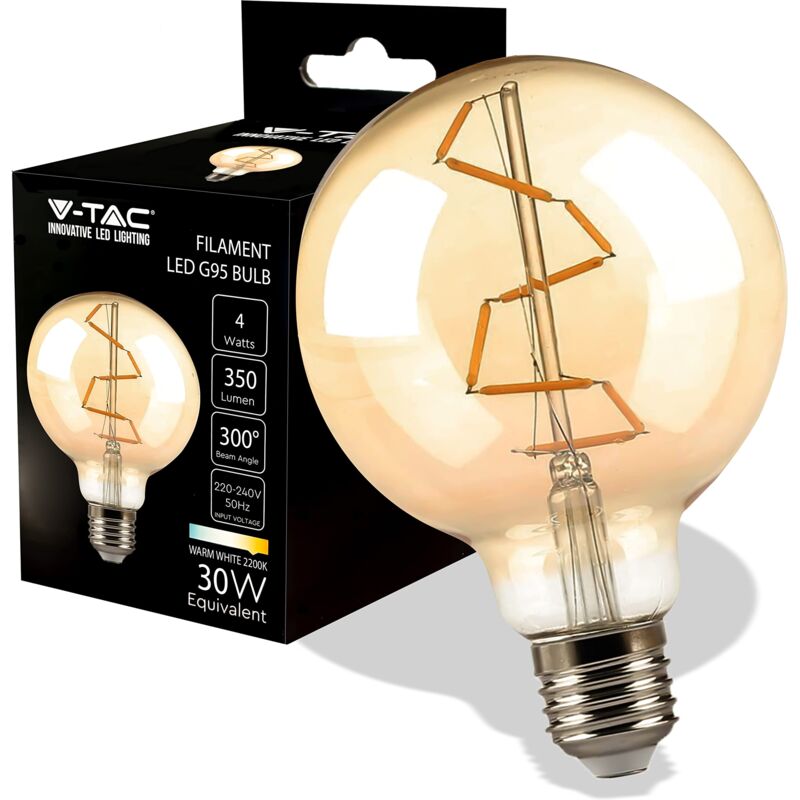 foto del prodotto v tac lampadina led filamento ambrata g95 con attacco e27 4w equivalenti a 30w 350 lumen lampadine vintage retr massima efficienza e