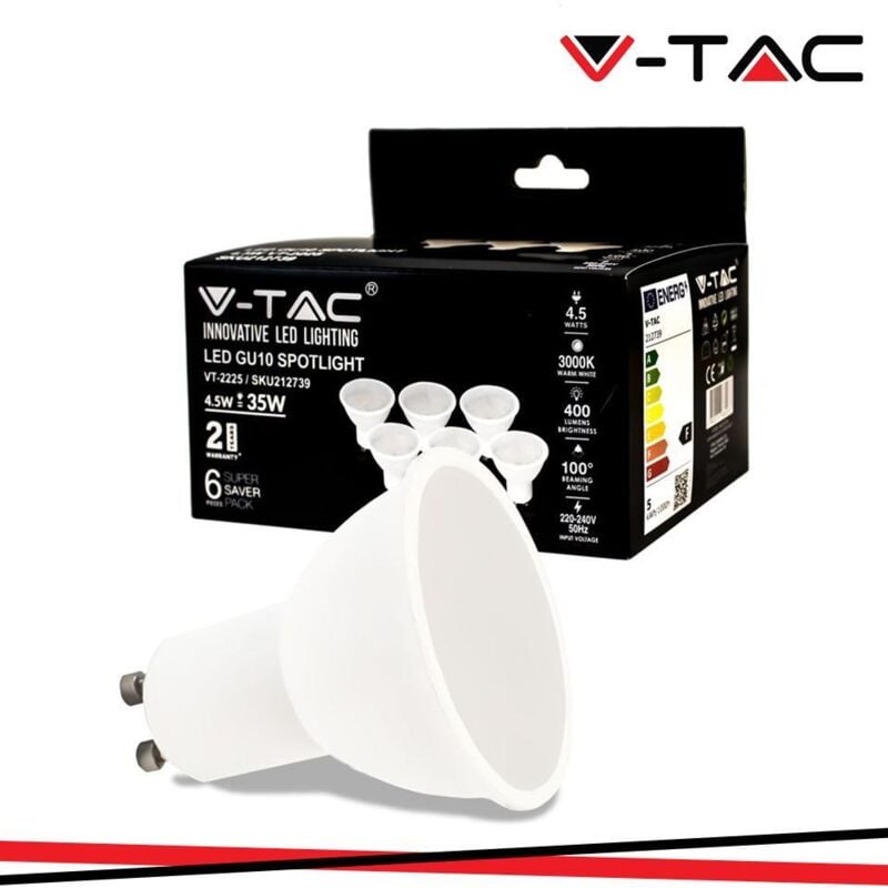 foto del prodotto v-tac lampadine led gu10-4,5w 400 lumen - alta luminosità - faretto led gu10 per massima efficienza e risparmio energetico - lampadine 4000k luce