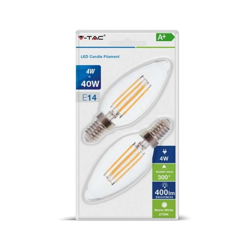 foto del prodotto v tac led lampadina 4w filamento e14 candela clear cover luce bianco caldo 2pz blister pack 2700k luce calda