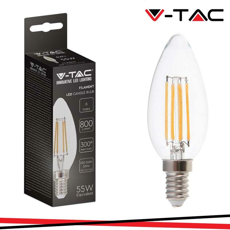 foto del prodotto v tac led lampadina 6w filamento e14 clear cover candela 6000k 130lm w luce fredda