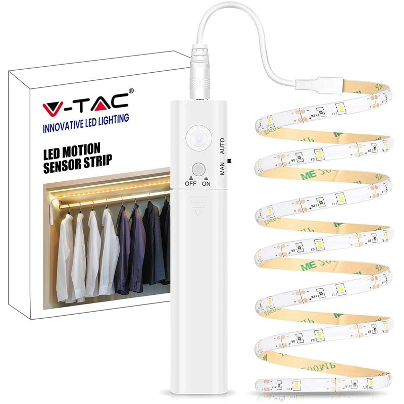 foto del prodotto v tac luce armadio striscia led con sensore di movimento e tasto on off da 1 metro per illuminare guardaroba, mobili, letti, scale, cucina luce