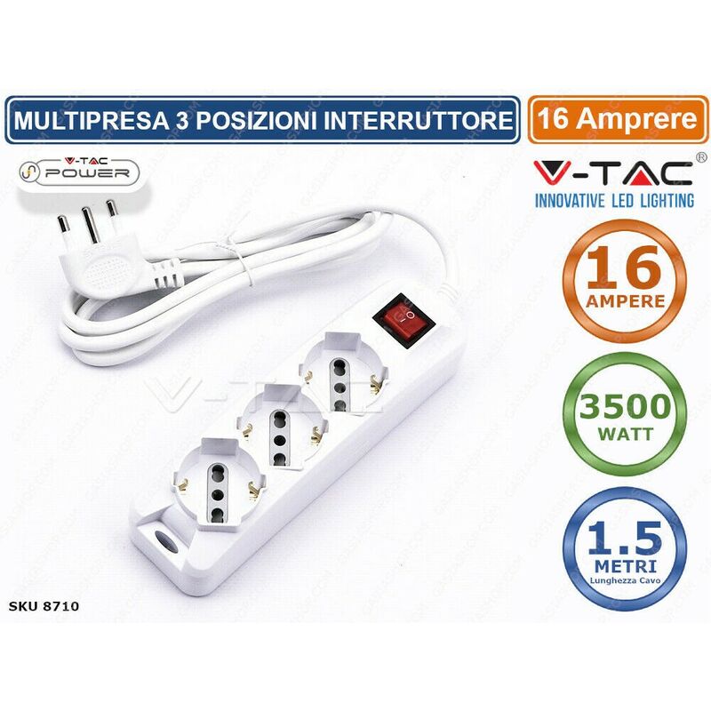 foto del prodotto v tac multipresa 3 posti colore bianco con interruttore luminoso sku 8710
