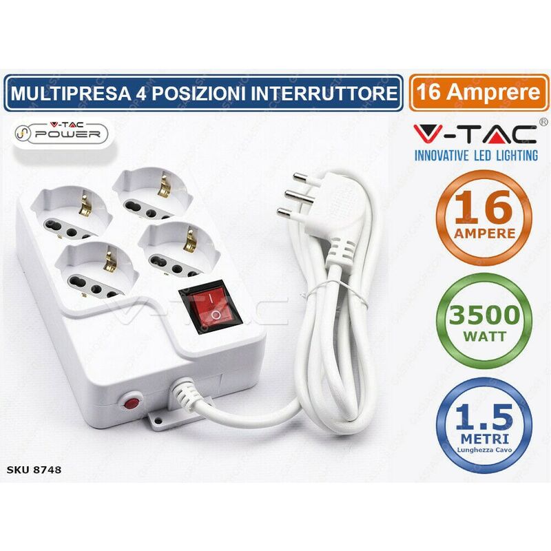 foto del prodotto v tac multipresa 4 posti colore bianco con interruttore luminoso e protezione ripristinabile sku 8748