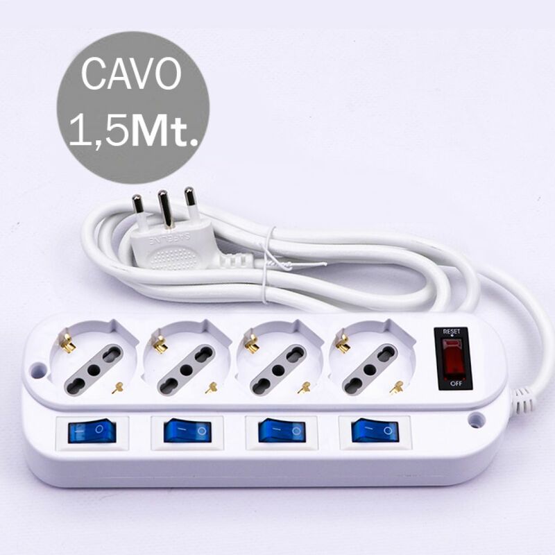 foto del prodotto v tac multipresa 4x10 16a 2p t bipasso schuko 4 interruttori protezione 3500w 1.5m