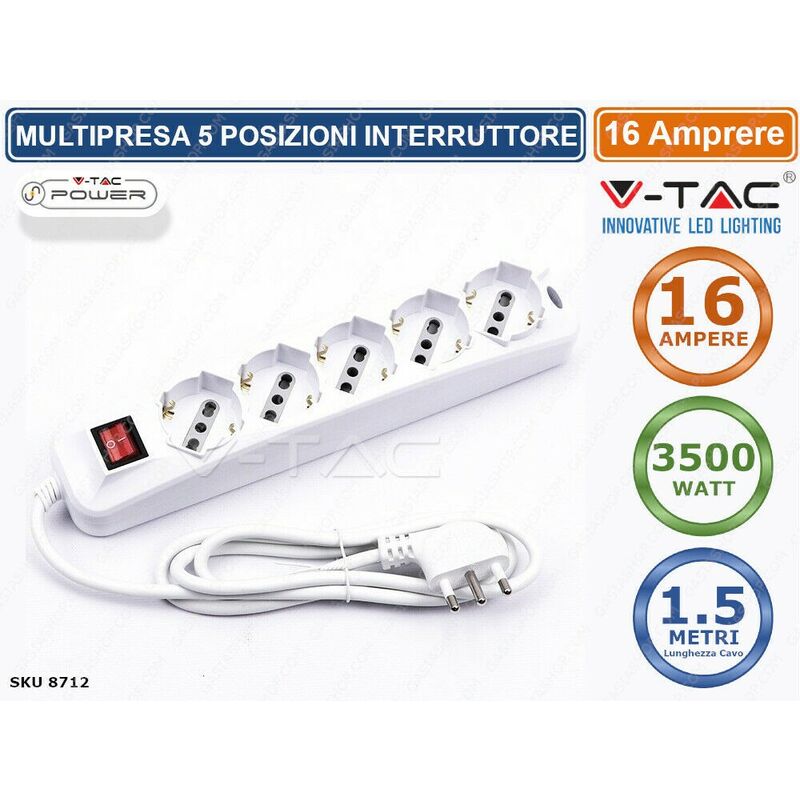 foto del prodotto v tac multipresa 5 posti colore bianco con interruttore luminoso sku 8712