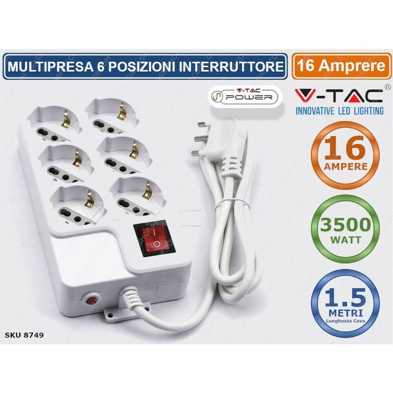 foto del prodotto v tac multipresa 6 posti colore bianco con interruttore luminoso e protezione ripristinabile sku 8749