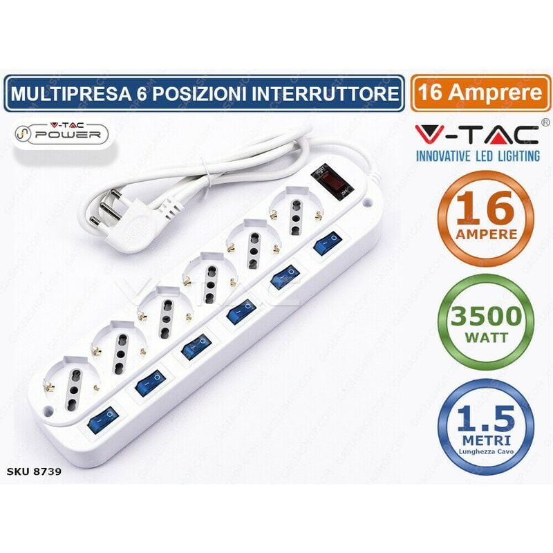 foto del prodotto v tac multipresa 6 posti colore bianco con interruttori singoli e generale e protezione ripristinabile sku 8739