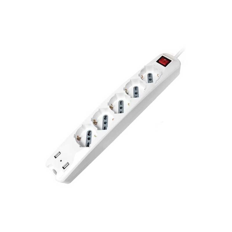 foto del prodotto v tac multipresa ciabatta 5 posti bipasso schuko presa tedesca 10 16a 2 prese usb cavo 1,5mt interruttore luminoso sku 8715