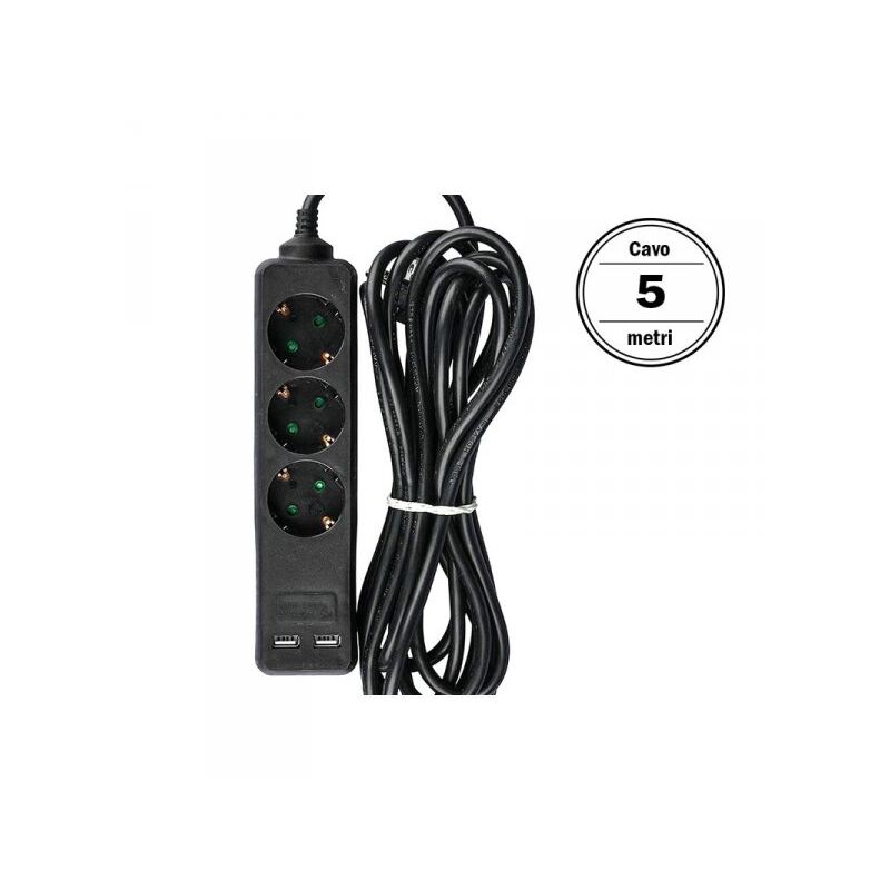 foto del prodotto v tac multipresa ciabatta elettrica con 2 usb e 3 posti schuko 10a cavo lunga 5 metri colore nero 3x1.5 mmq sku 8777
