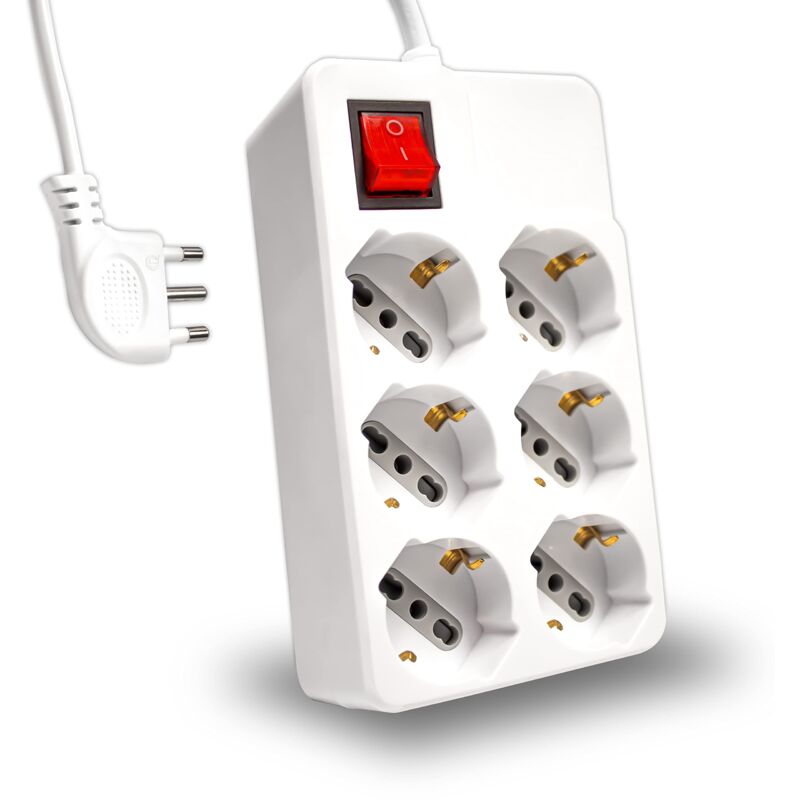 foto del prodotto v tac multipresa elettrica 6 posti con interruttore e cavo 1,5mt 6 prese frontali 10 16a bipasso schuko ciabatta presa elettrica per casa,