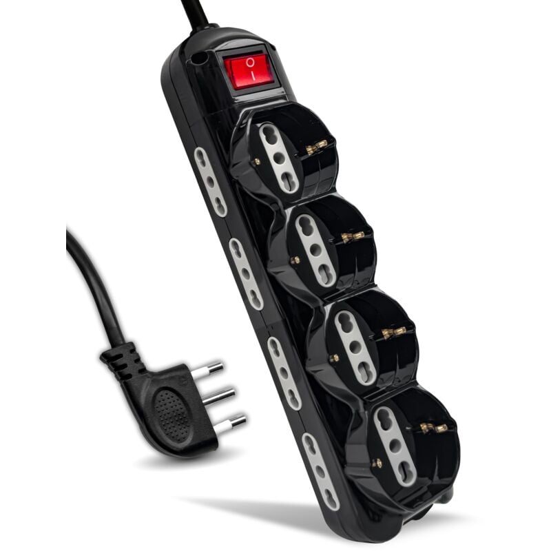 foto del prodotto v tac multipresa elettrica nera 12 posti con interruttore e cavo 1,5mt 8 prese laterali 10 16a bipasso e 4 frontali 10 16a bipasso shuko