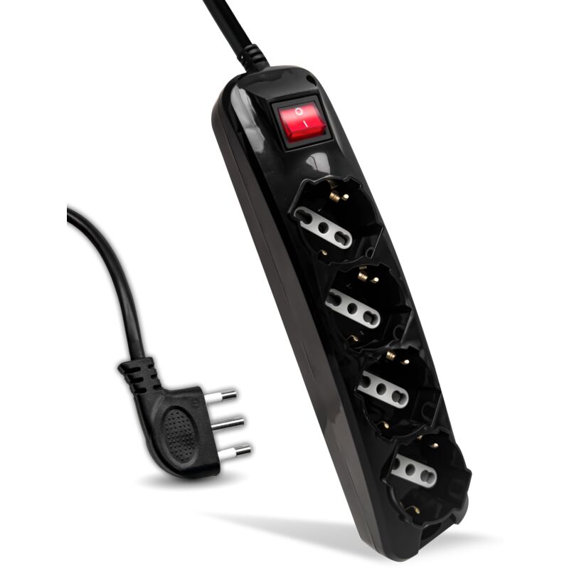 foto del prodotto v tac multipresa elettrica nera 4 prese con interruttore e cavo da 1,5 metri 4 prese 10 16a bipasso schuko spina 16a ciabatta multipresa