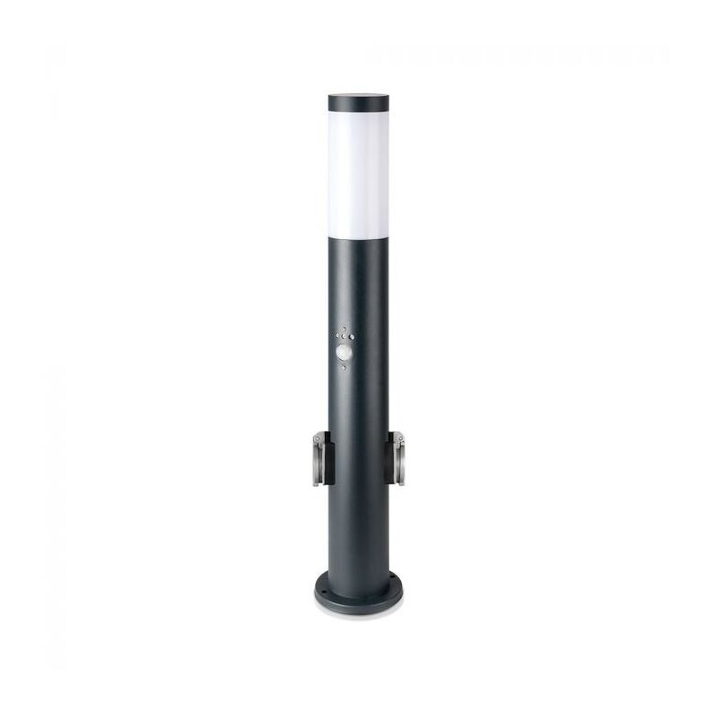 foto del prodotto v tac paletto piantana portalampada e27 60cm da giardino con 2 prese schuko e sensore movimento colore grigio ip44 8976