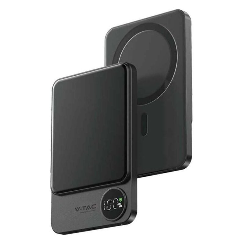 foto del prodotto v tac power bank 5.000 mah magsafe ultra sottile e magnetico con display e ricarica wireless colore grigio