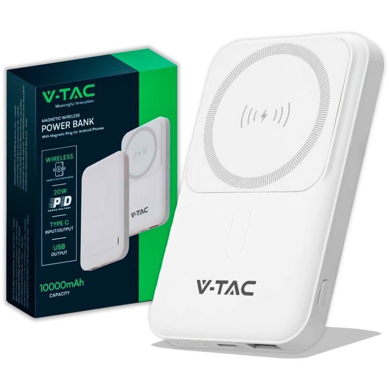 foto del prodotto v-tac power bank magsafe 10000ah magnetico con ricarica wireless 20w ultrasottile colore bianco - 23039