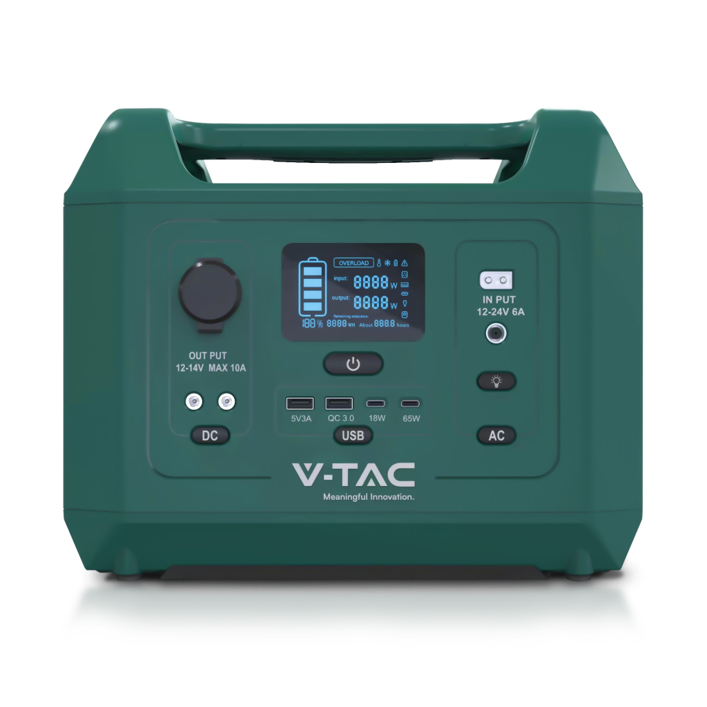 foto del prodotto v-tac power station portatile con batteria di accumulo lifepo4 576wh ac 220v 600w (max. 1000w) con prese eu ricaricabile con alimentatore o pannello solare fotovoltaico portatile