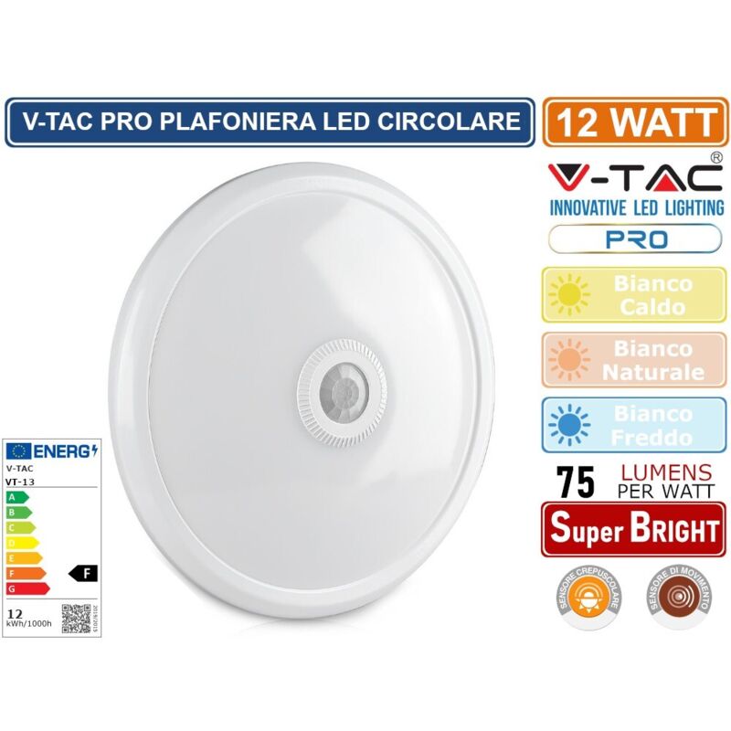 foto del prodotto v-tac pro vt-13 plafoniera led 12w chip samsung circolare con sensore di movimento ir + crepuscolare 4000k ip20 - sku 21808