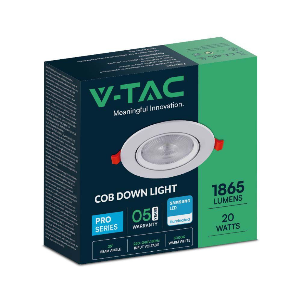 foto del prodotto v tac pro vt 2 20 faretto led da incasso rotondo 20w cob chip samsung sku 21842 21843 21844 colore luce bianco caldo