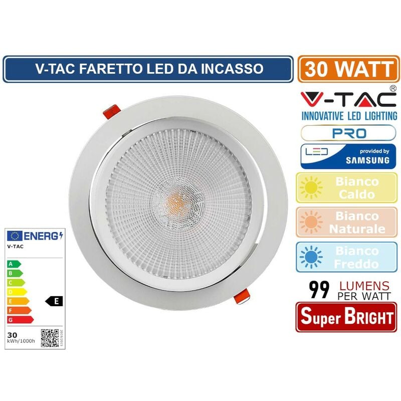foto del prodotto v tac pro vt 2 30 faretto led da incasso rotondo 30w cob chip samsung sku 21845 21846 21832 colore luce bianco caldo