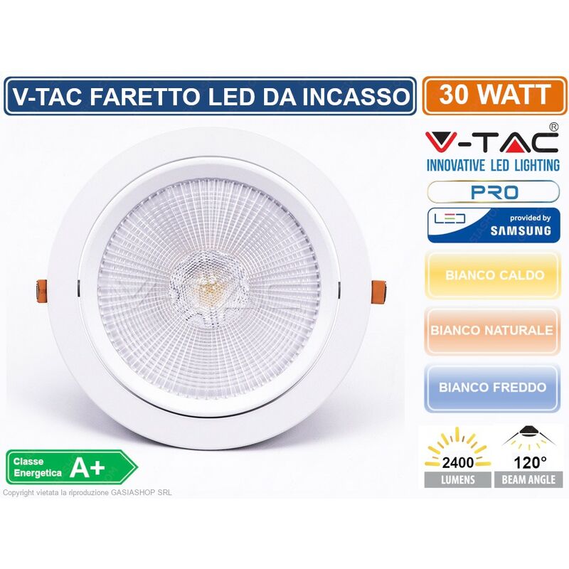 foto del prodotto v tac pro vt 2 30 faretto led da incasso rotondo 30w cob chip samsung sku 845 846 832 colore luce bianco caldo