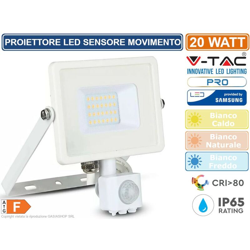 foto del prodotto v tac pro vt 20 s faretto led 20w ultra sottile slim chip samsung con sensore colore bianco sku 448 449 450 colore luce bianco freddo