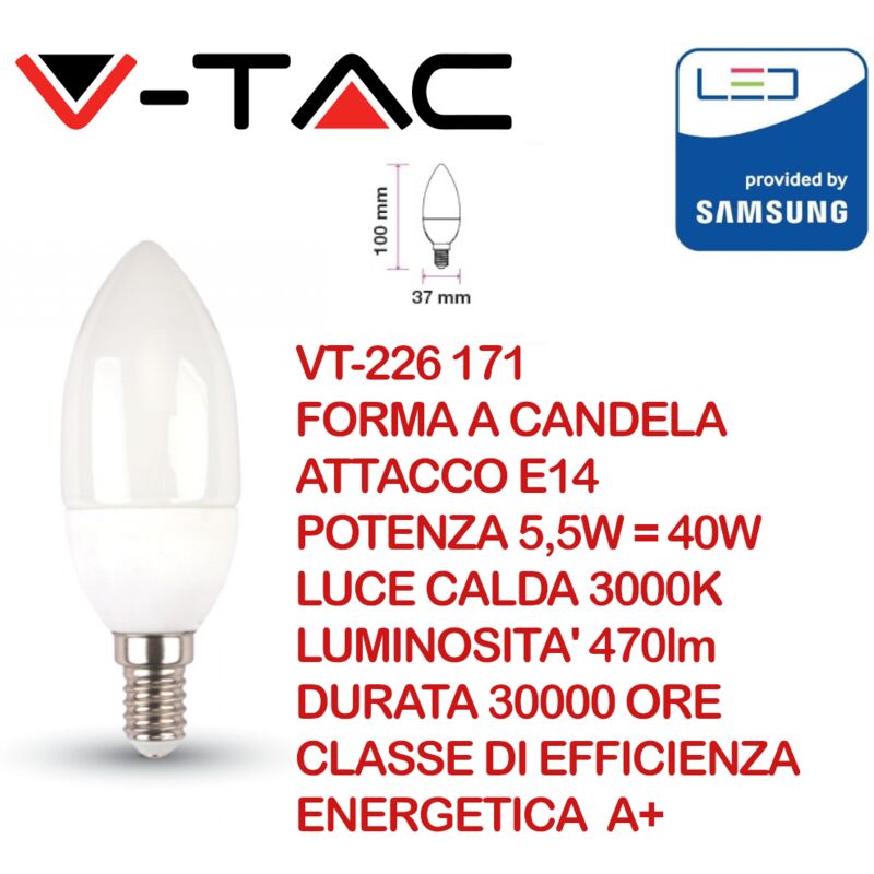foto del prodotto v tac pro vt 226 lampadina led e14 5,5w candela chip samsung bianco caldo 3000k