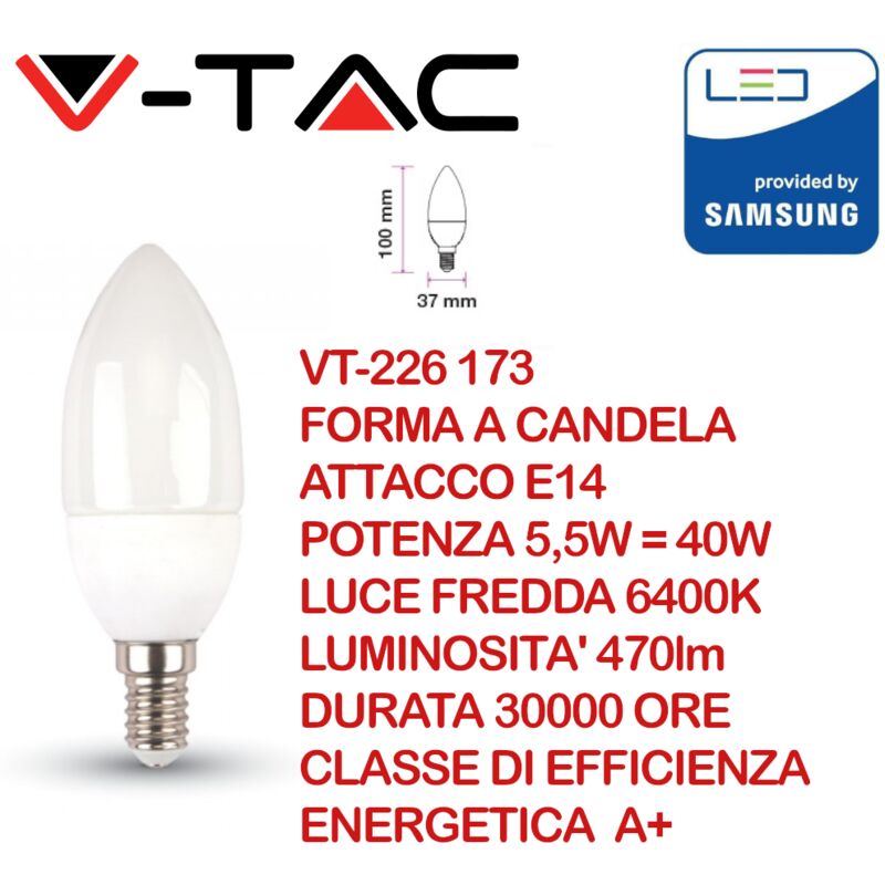 foto del prodotto v tac pro vt 226 lampadina led e14 5,5w candela chip samsung bianco freddo 6400k