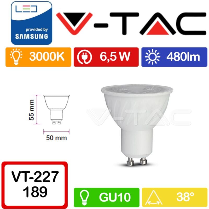 foto del prodotto v tac pro vt 227 faretto led gu10 con chip samsung 6,5w 38 copertura trasparente bianco caldo 3000k
