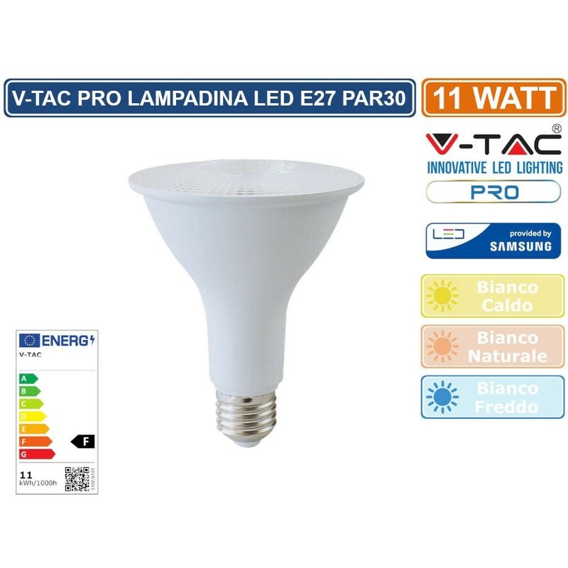 foto del prodotto v tac pro vt 230 lampadina led e27 11w bulb par lamp par30 chip samsung sku 21153 21154 21155 colore luce bianco naturale