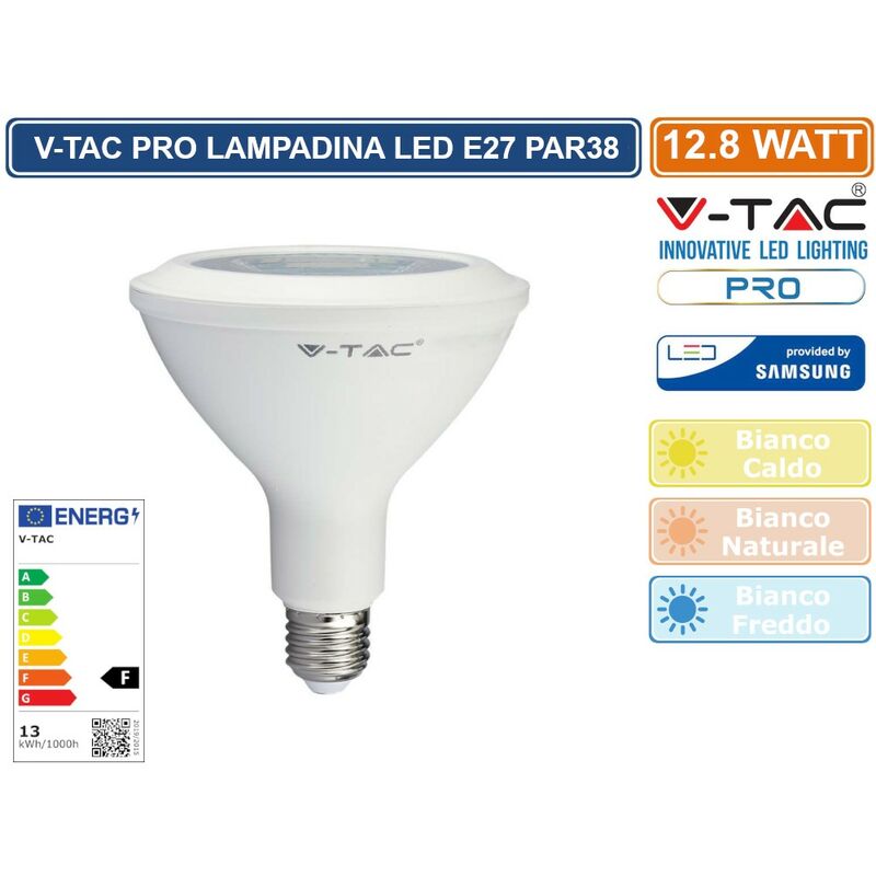 foto del prodotto v tac pro vt 238 lampadina led e27 12,8w bulb par lamp par38 chip samsung sku 21150 21151 21152 colore luce bianco caldo