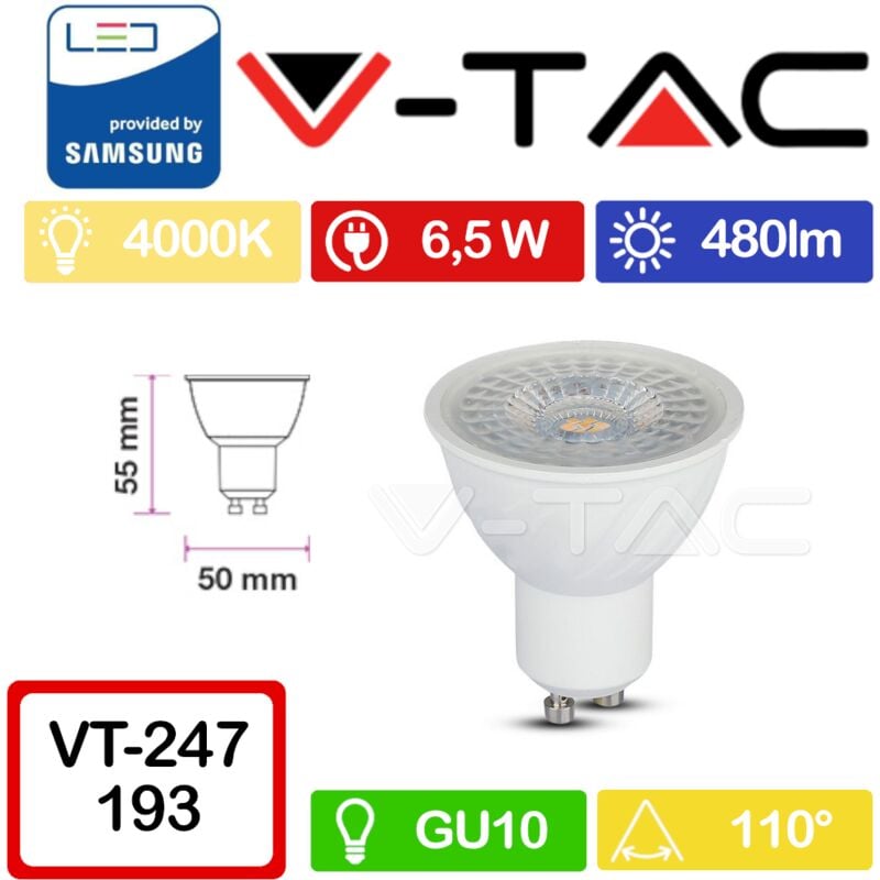 foto del prodotto v tac pro vt 247 faretto led gu10 con chip samsung 6,5w 110 bianco naturale 4000k