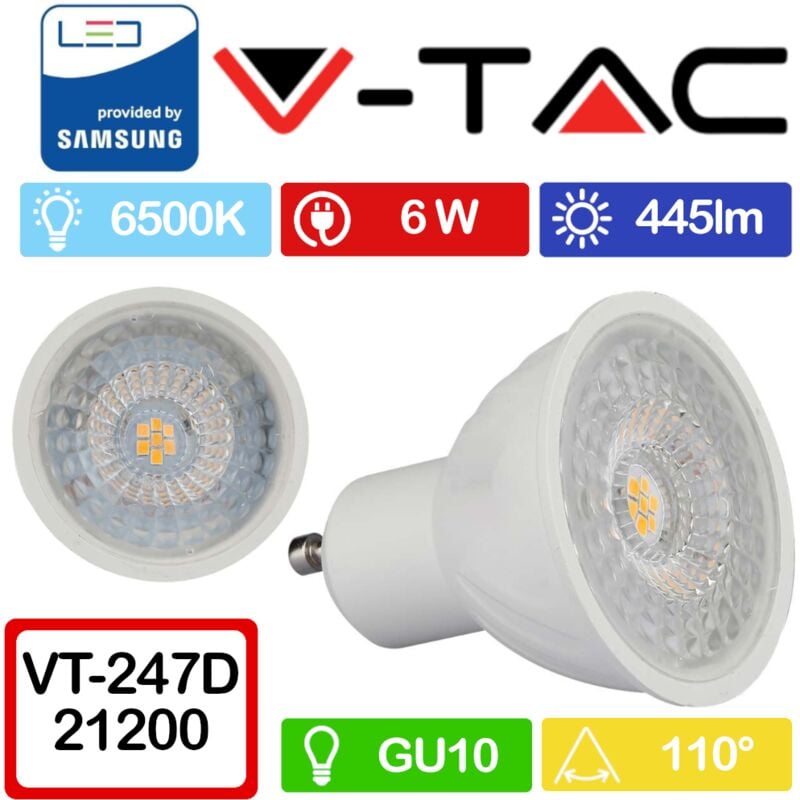 foto del prodotto v tac pro vt 247d faretto led gu10 con chip samsung 6w 110 3000k dimmerabile bianco freddo 6500k