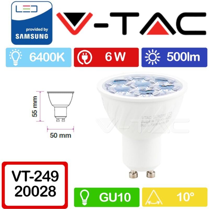 foto del prodotto v-tac - pro vt-249 faretto led gu10 con chip samsung 6w 10° bianco freddo - 6400k