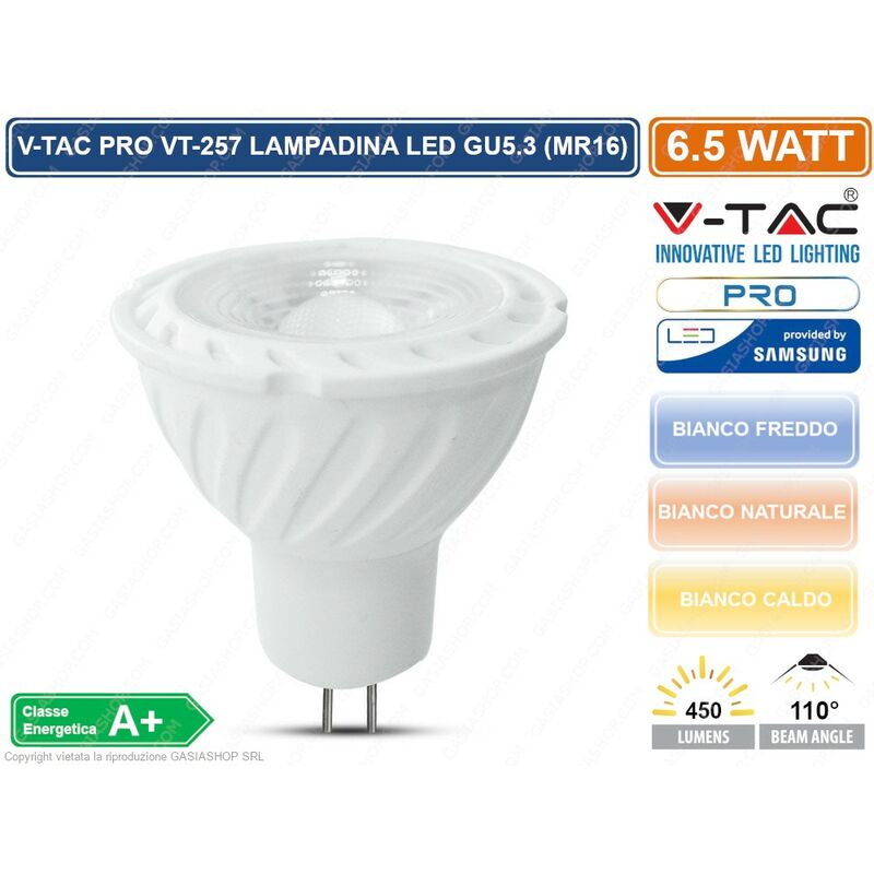 foto del prodotto v tac pro vt 257 lampadina led gu5.3 mr16 6,5w faretto spotlight chip samsung sku 204 205 206 colore luce bianco freddo