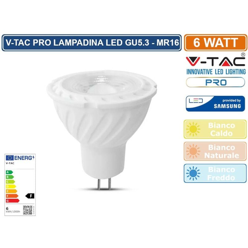 foto del prodotto v tac pro vt 257 lampadina led gu5.3 mr16 6w faretto spotlight chip samsung sku 21204 21205 21206 colore luce bianco caldo