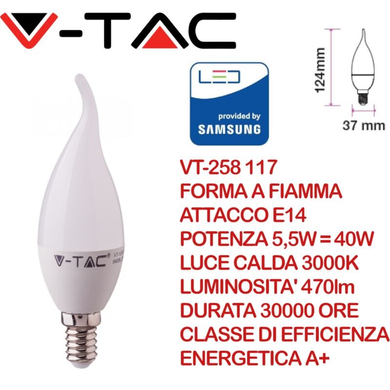 foto del prodotto v tac pro vt 258 lampadina led e14 5,5w candela fiamma chip samsung sku 117 118 119 colore luce bianco caldo