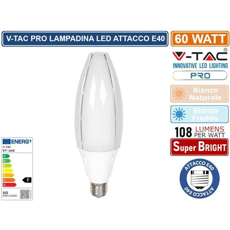 foto del prodotto v tac pro vt 260 lampadina led e40 60w olive lamp smd chip samsung sku 21187 21188 colore luce bianco freddo
