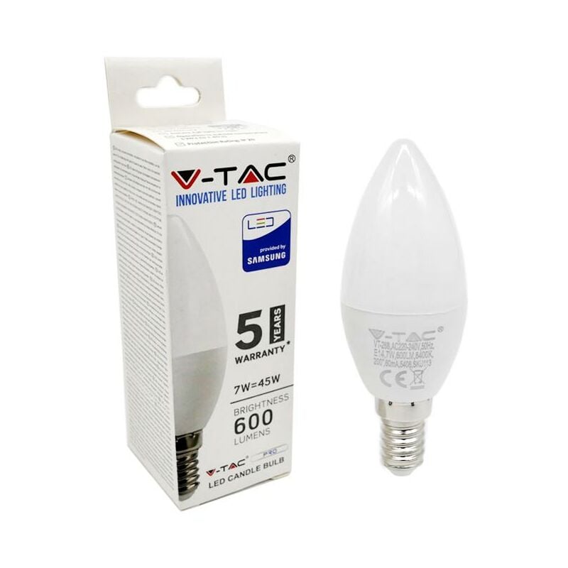foto del prodotto v tac pro vt 268 lampadina led e14 7w candela chip samsung sku 111 112 113 colore luce bianco freddo