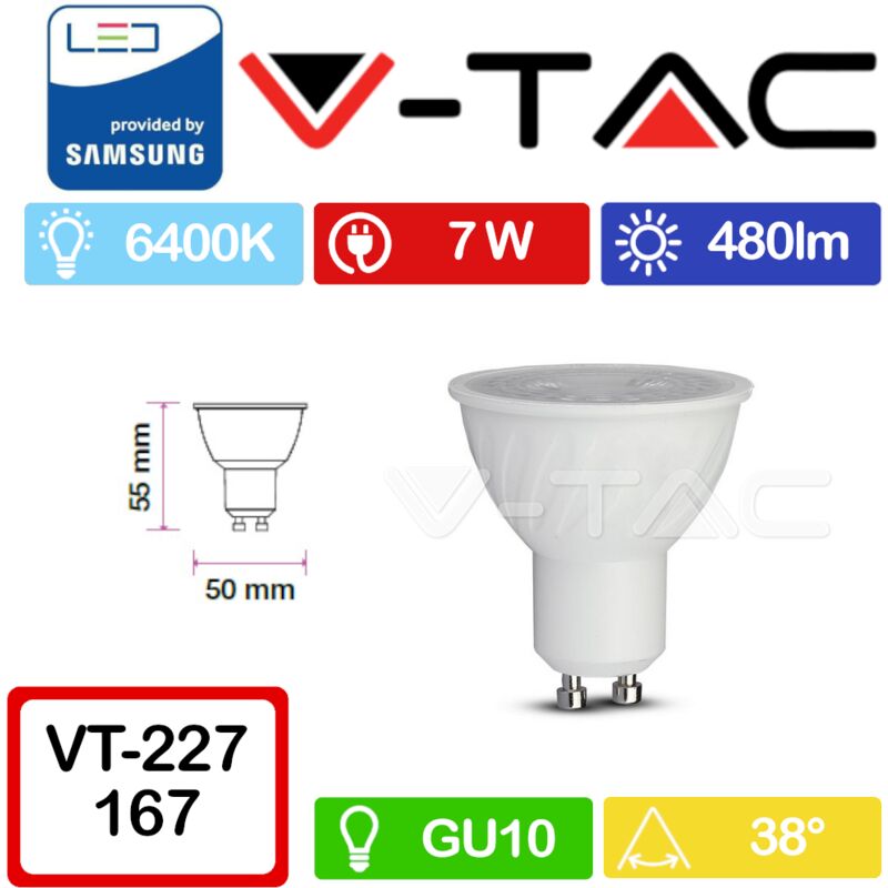 foto del prodotto v tac pro vt 277 faretto led gu10 con chip samsung 7w 38 bianco freddo 6400k
