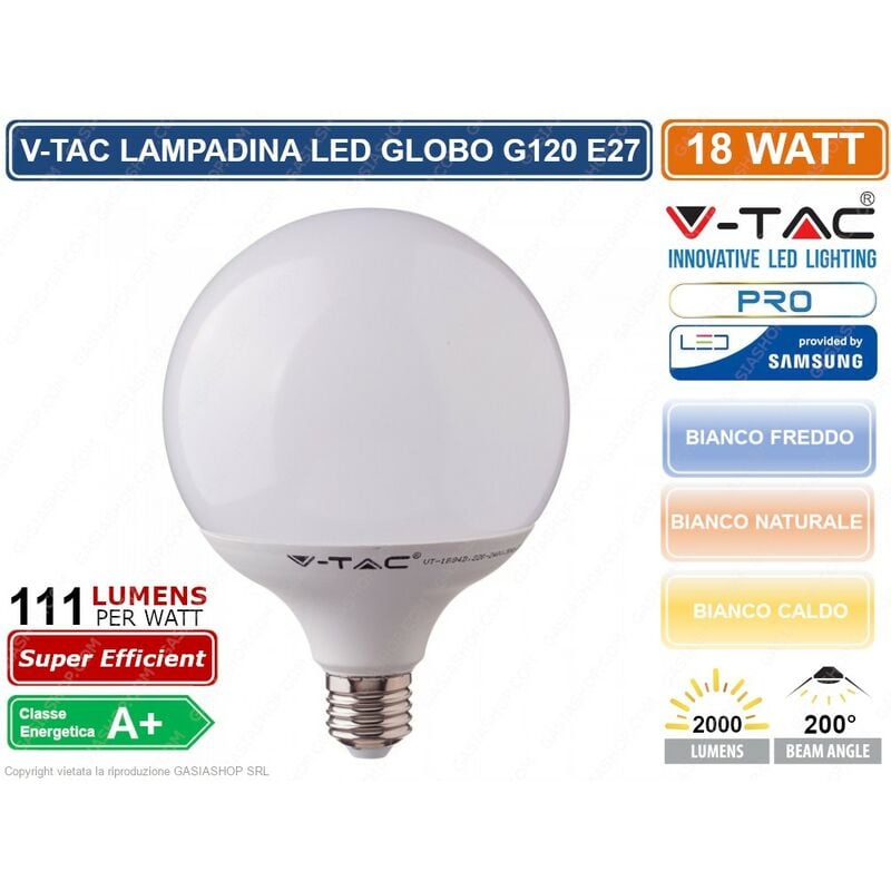 foto del prodotto v tac pro vt 288 lampadina led e27 18w globo g120 chip samsung sku 123 124 125 colore luce bianco freddo