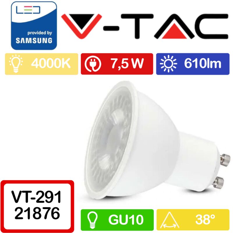 foto del prodotto v tac pro vt 291 faretto led gu10 con chip samsung 7,5w 38 bianco naturale 4000k