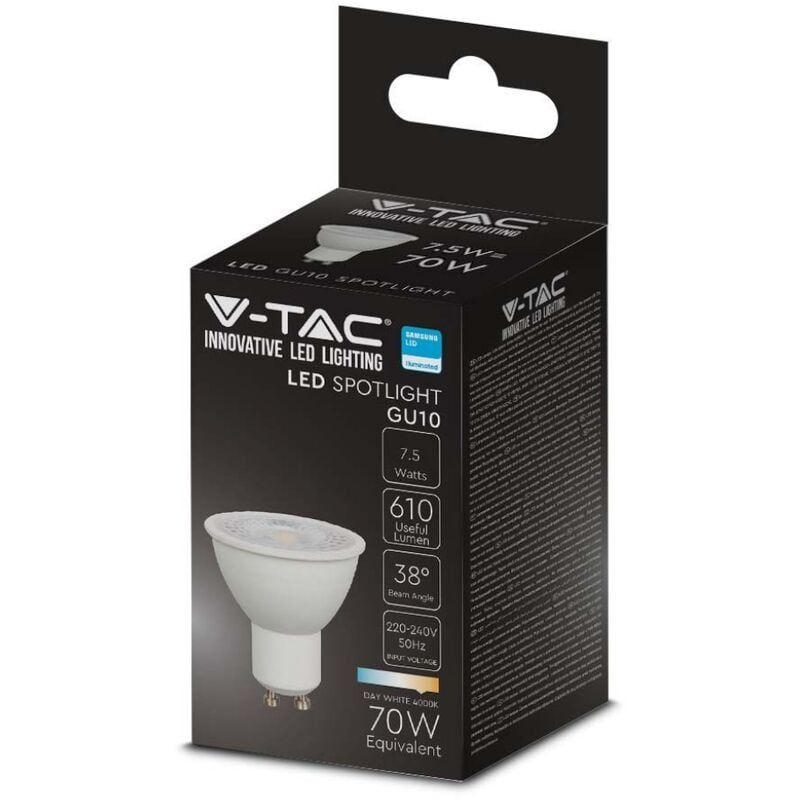 foto del prodotto v tac pro vt 291 lampadina led gu10 faretto 38 chip samsung smd 7.5w bianco caldo 3000k sku 21875