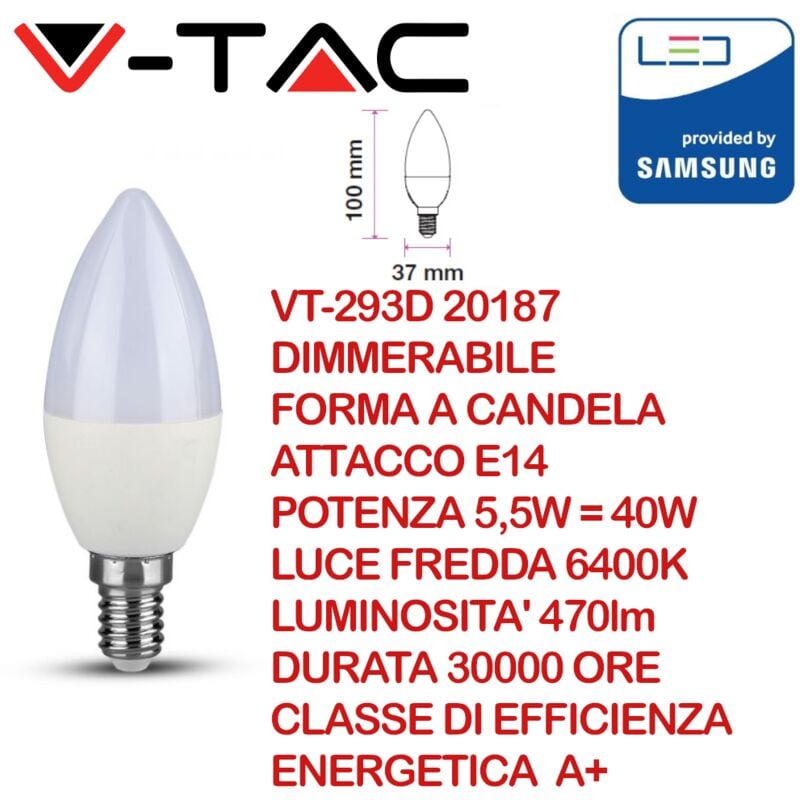 foto del prodotto v tac pro vt 293d lampadina led dimmerabile e14 chip samsung 5,5w a candela bianco freddo 6400k