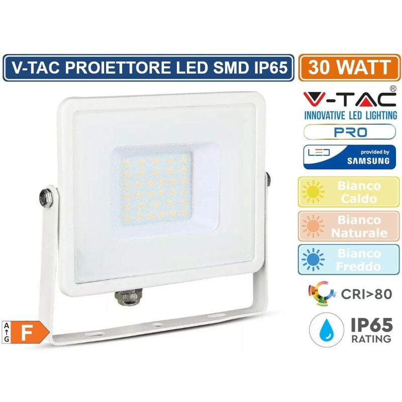 foto del prodotto v tac pro vt 30 faro led smd 30w ultrasottile chip samsung da esterno colore bianco sku 403 404 405 colore luce bianco caldo