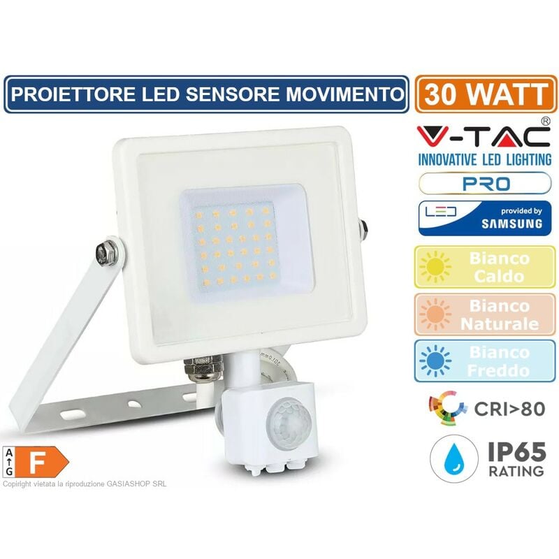 foto del prodotto v tac pro vt 30 s faretto led 30w ultra sottile slim chip samsung con sensore colore bianco sku 457 458 459 colore luce bianco freddo