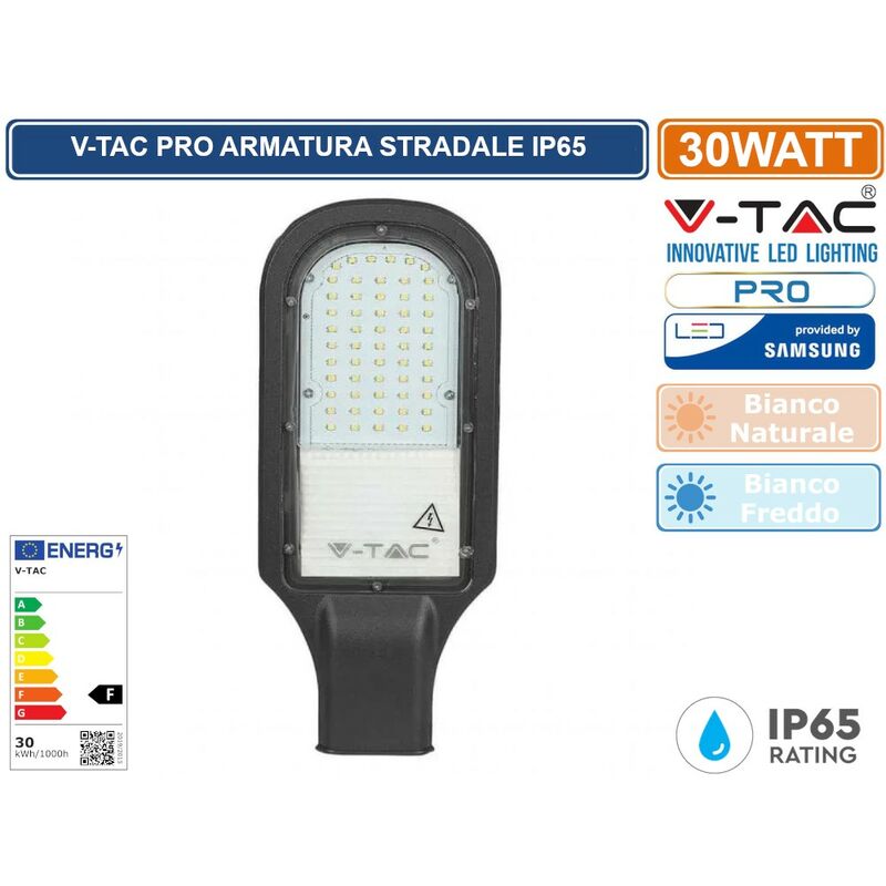 foto del prodotto v tac pro vt 31st lampada stradale led 30w lampione smd chip samsung sku 21537 21538 ip65 meanwell colore luce bianco freddo